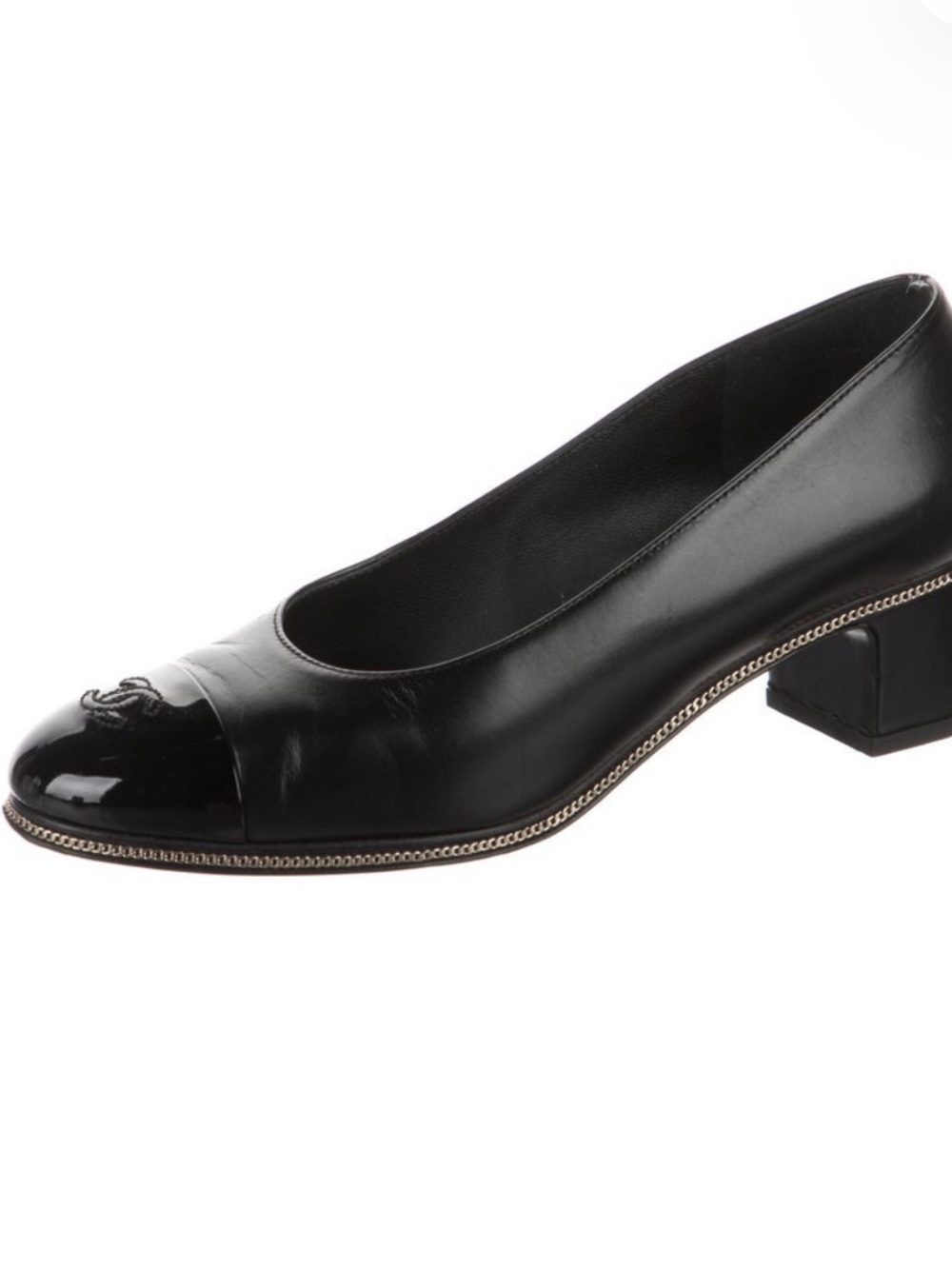 CHANEL Black Leather Low Block Heel Pumps with Patent Toe Cap